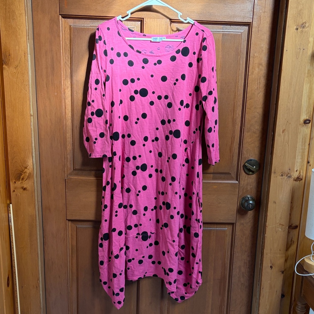 Prairie Cotton Made in the USA Pink Polka Dot Midi Dress with Scoop Neck Size M